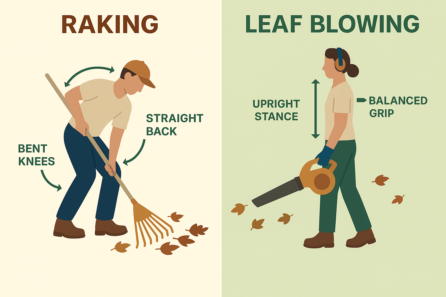 A side-by-side illustration showing proper posture for raking (bent knees, straight back) and leaf blowing (upright stance with balanced grip)