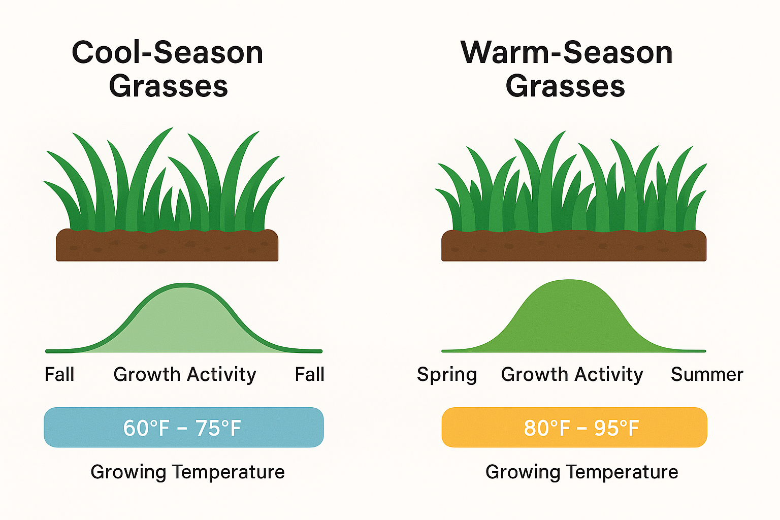 A simple side-by-side illustration showing two lawn types — one labeled “Cool-Season Grasses” with growth peaks in spring and fall, and another labeled “Warm-Season Grasses” with growth peaking in summer. Temperature bars below show cool vs. warm growing ranges.