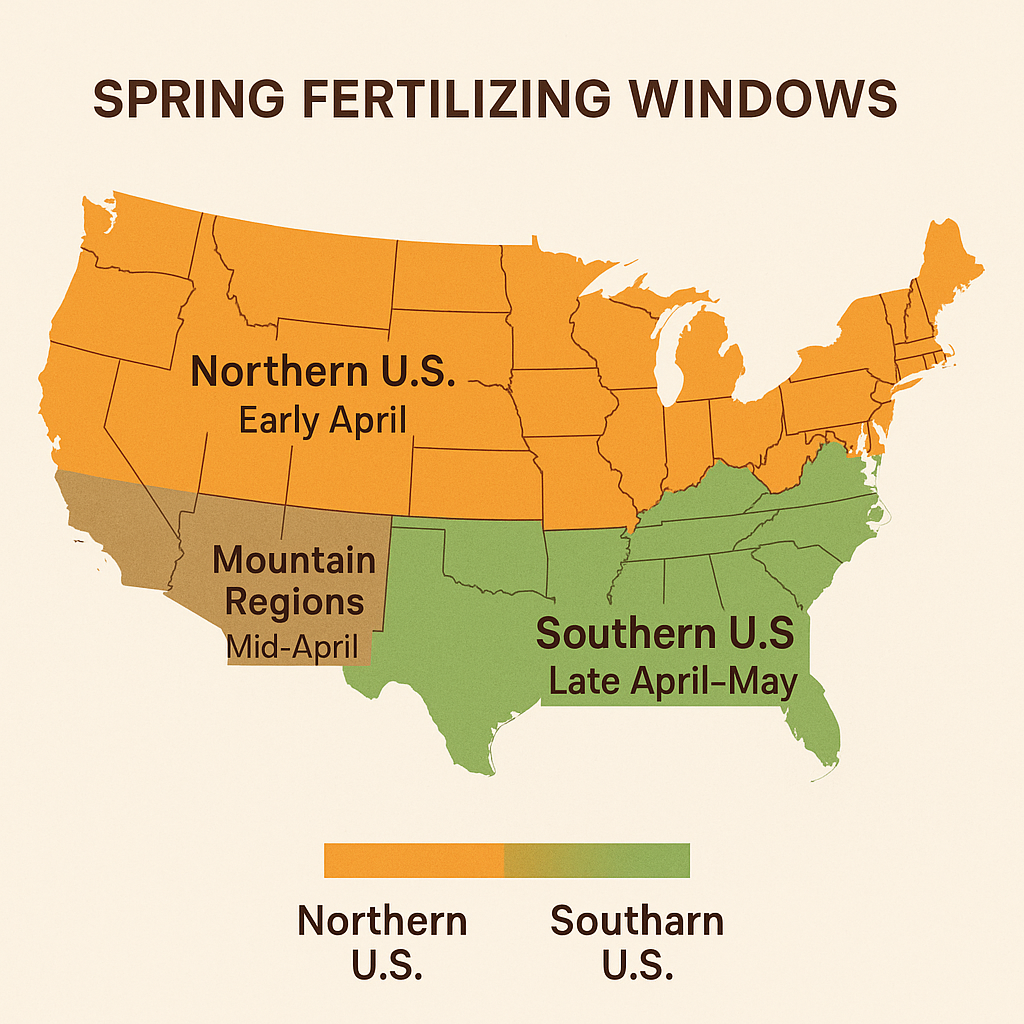 A U.S. map divided into regions — northern, southern, and mountain zones — showing color-coded spring fertilizing windows (early April for north, late April–May for south, mid-April for mountain areas).