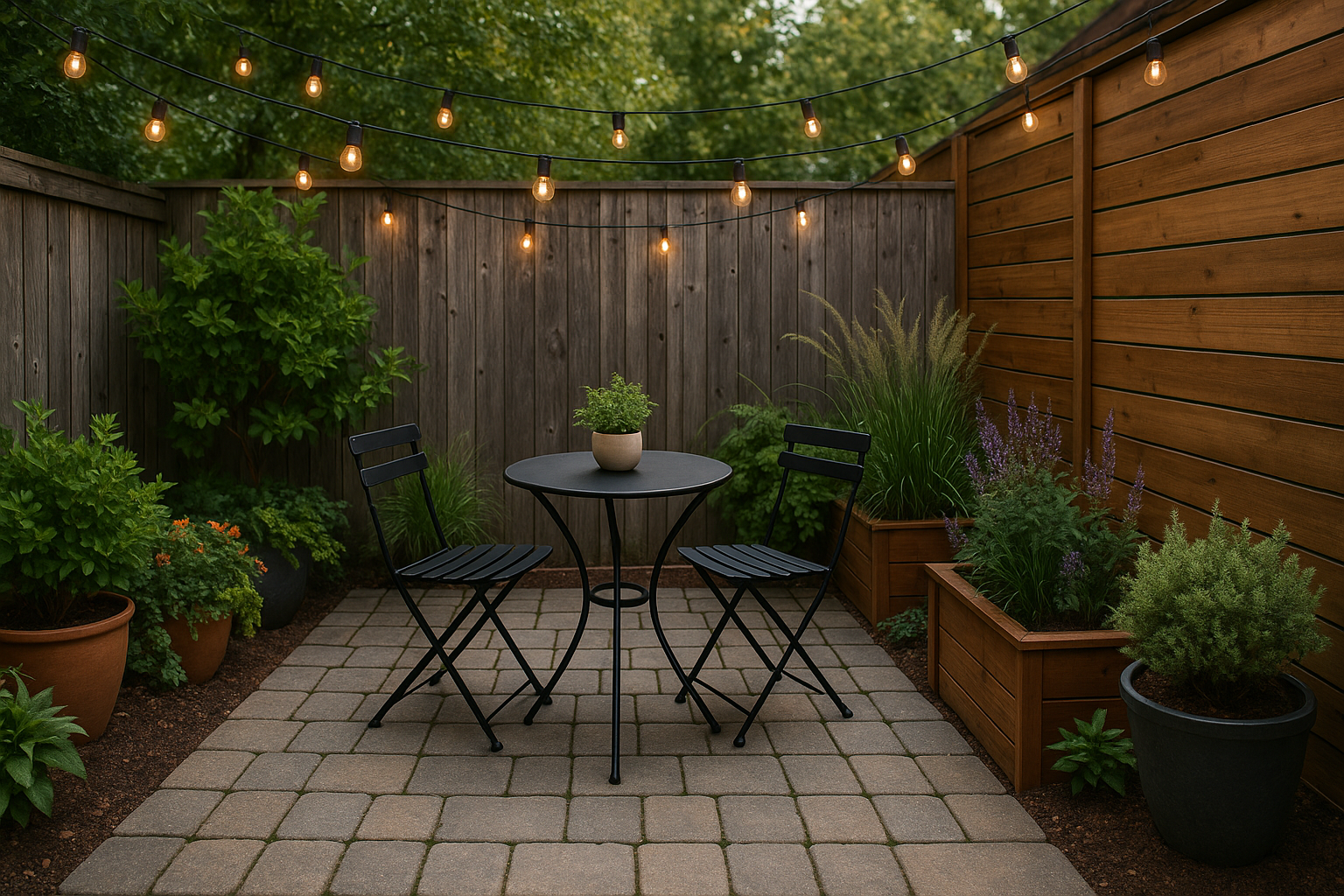 A small urban patio with pavers, a bistro table, two chairs, and hanging string lights surrounded by planters.