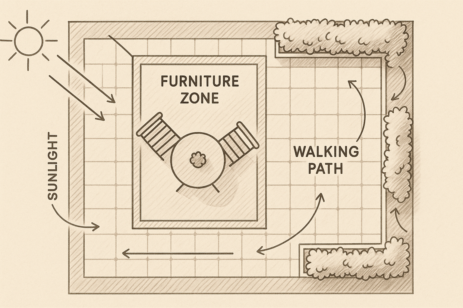 Overhead drawing showing furniture zones, walking paths, and sunlight direction.