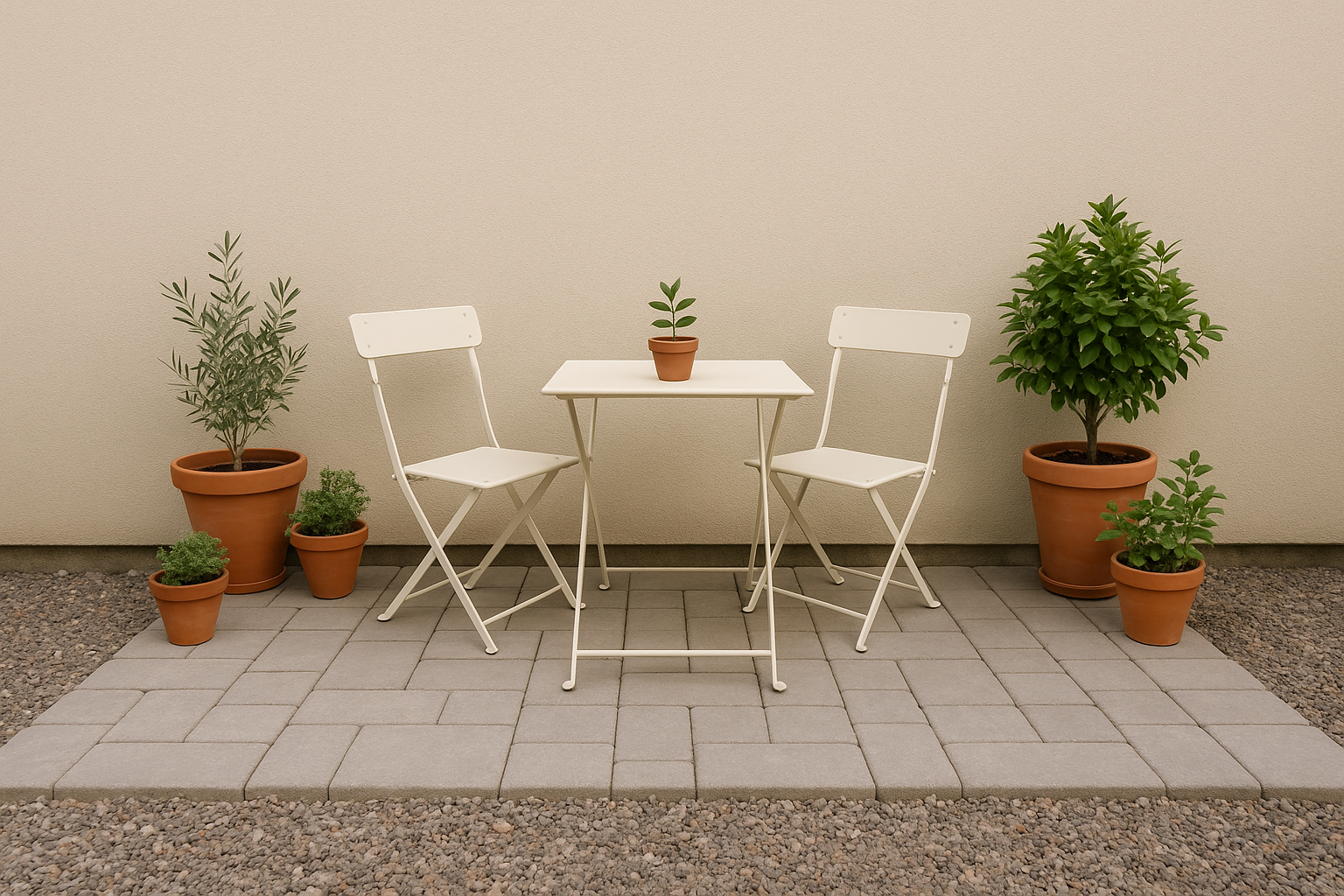Small patio setup with white folding chairs, a slim table, and potted plants along the edges.