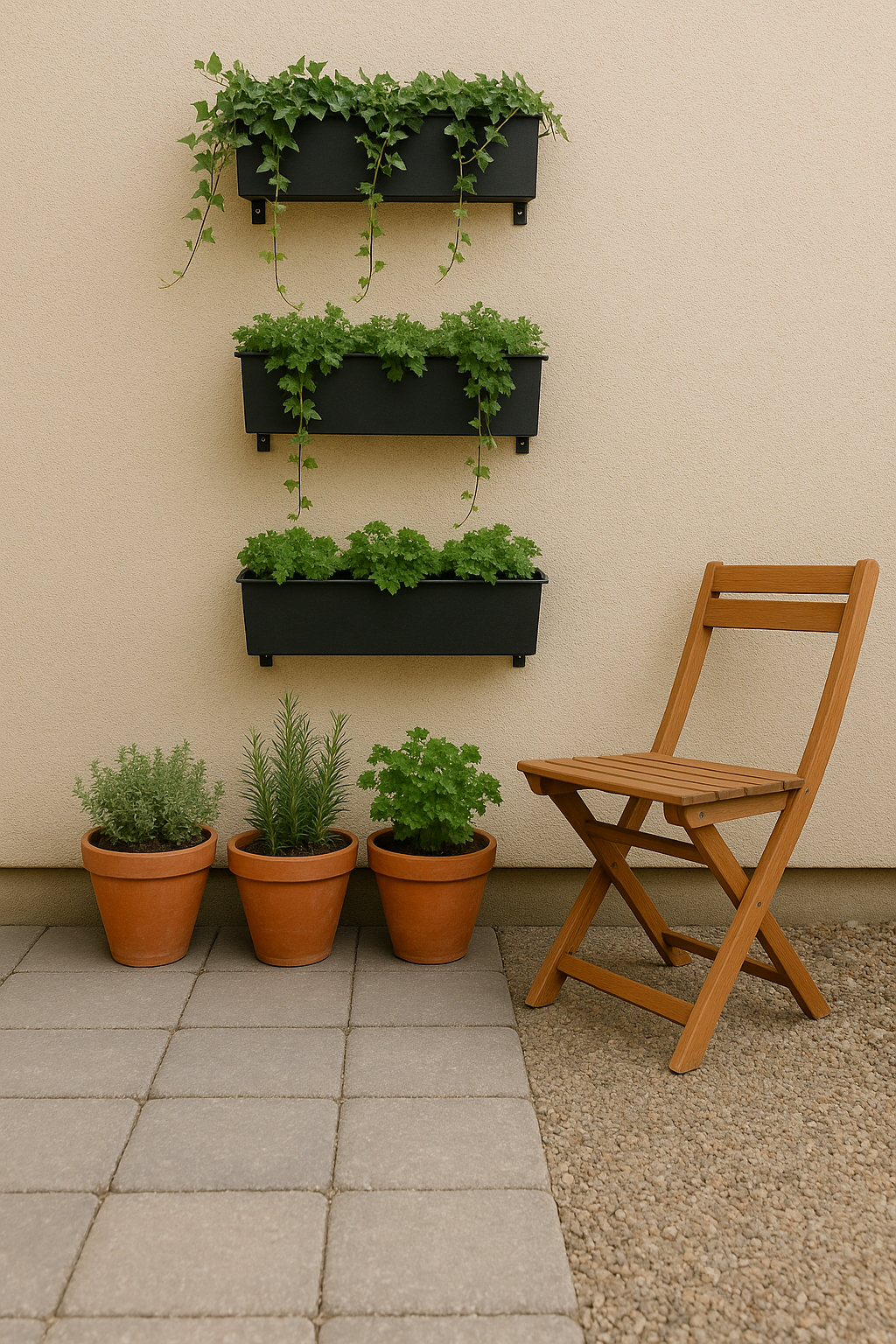 Vertical wall garden with hanging planters, potted herbs on the ground, and a chair tucked beside them.
