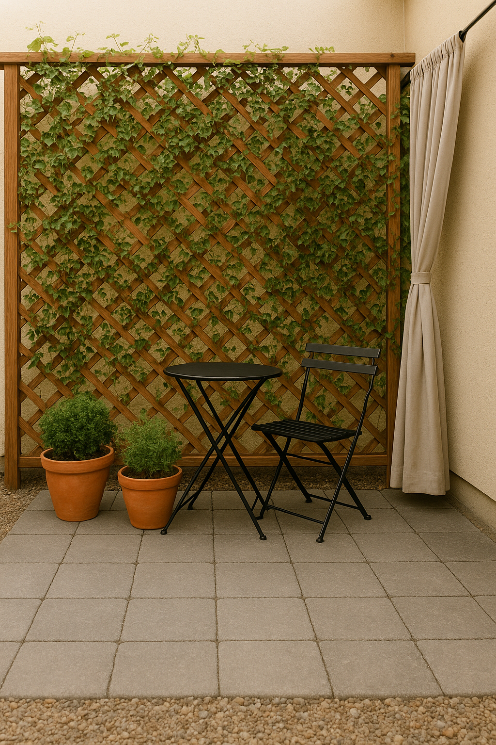 Small patio with a trellis covered in climbing plants and outdoor curtain panels tied to one side.