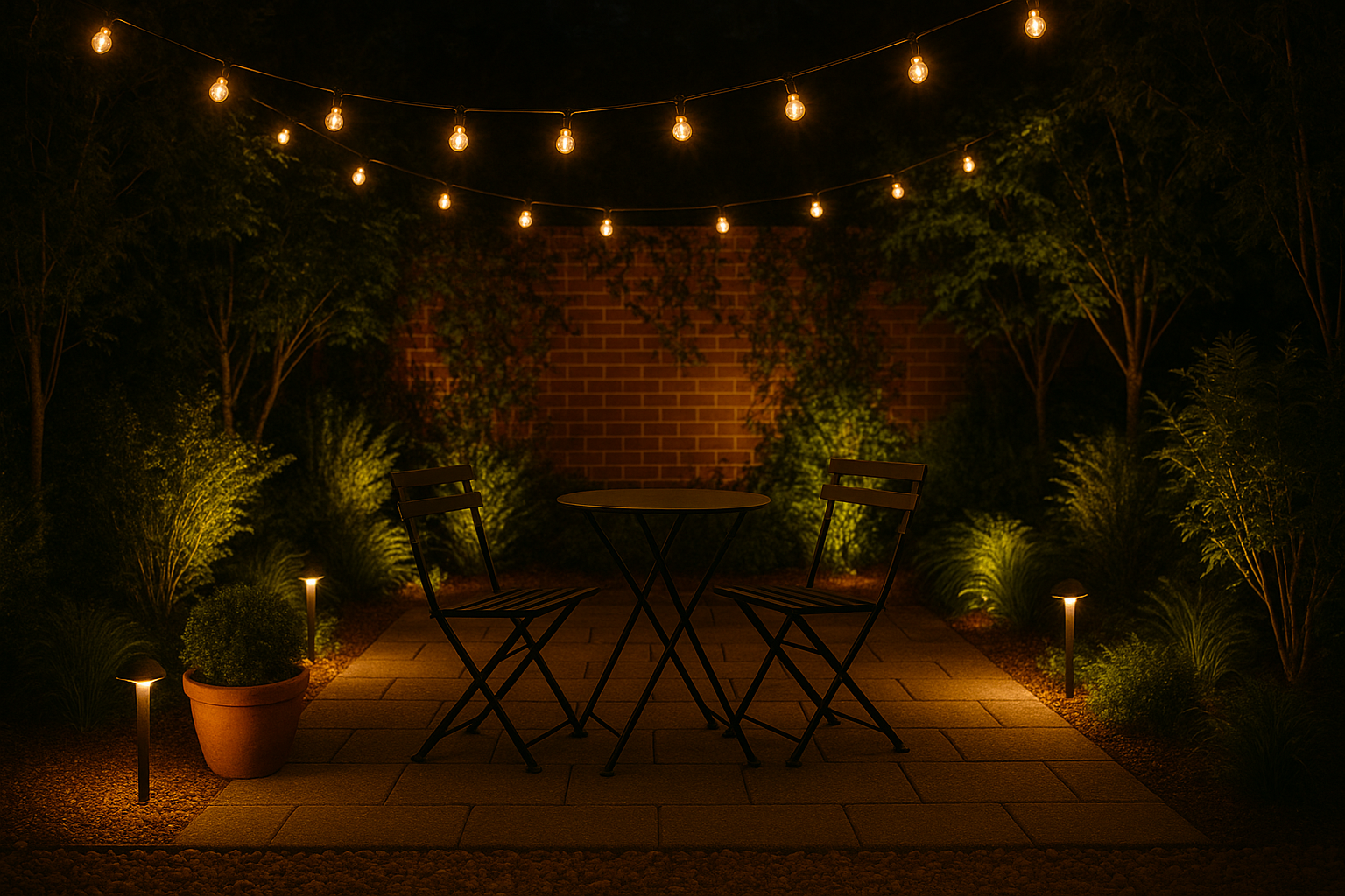 Evening patio scene with string lights, path lights, and soft uplighting on plants.