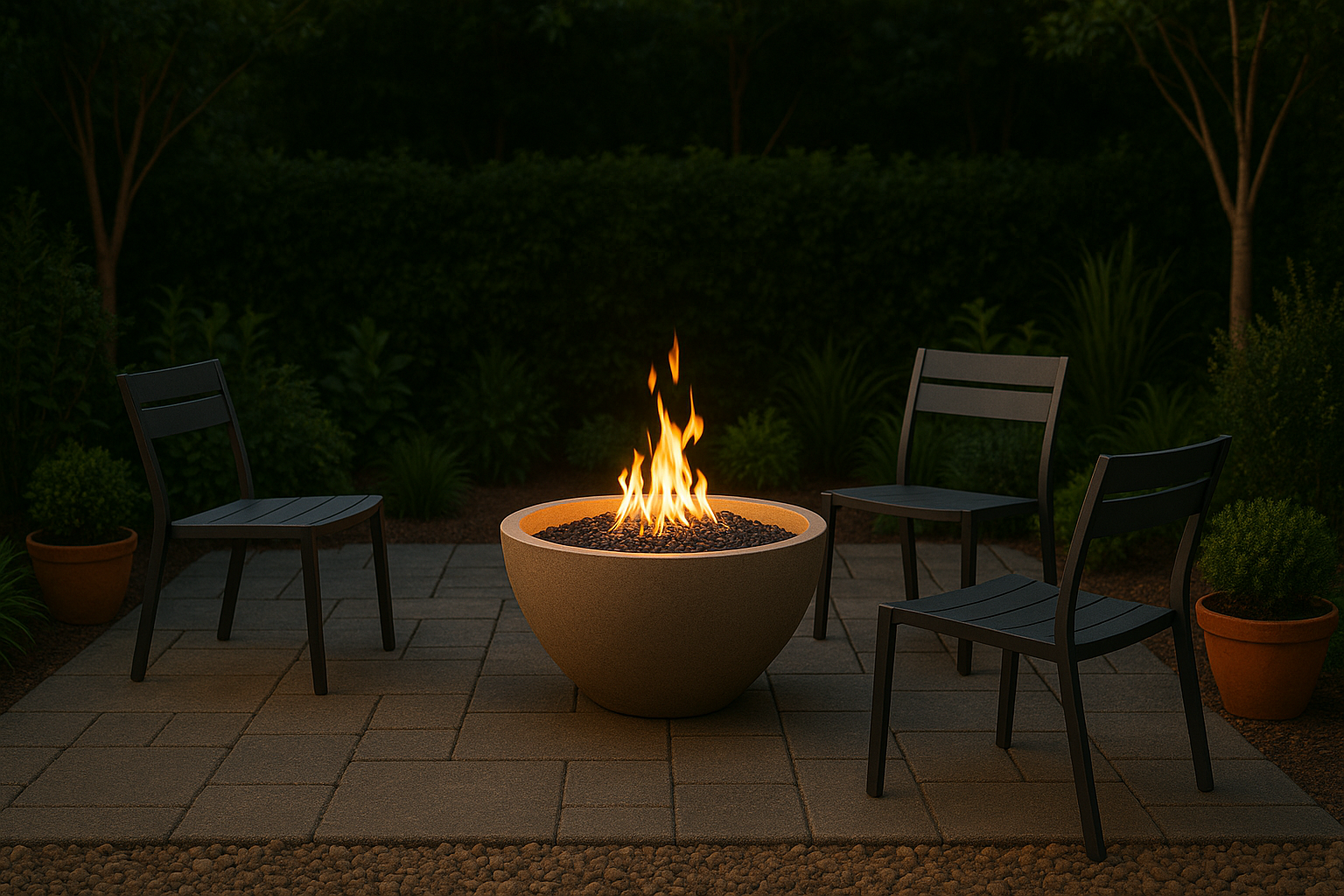 Small patio with a round fire bowl in the center, surrounded by simple chairs and potted plants.