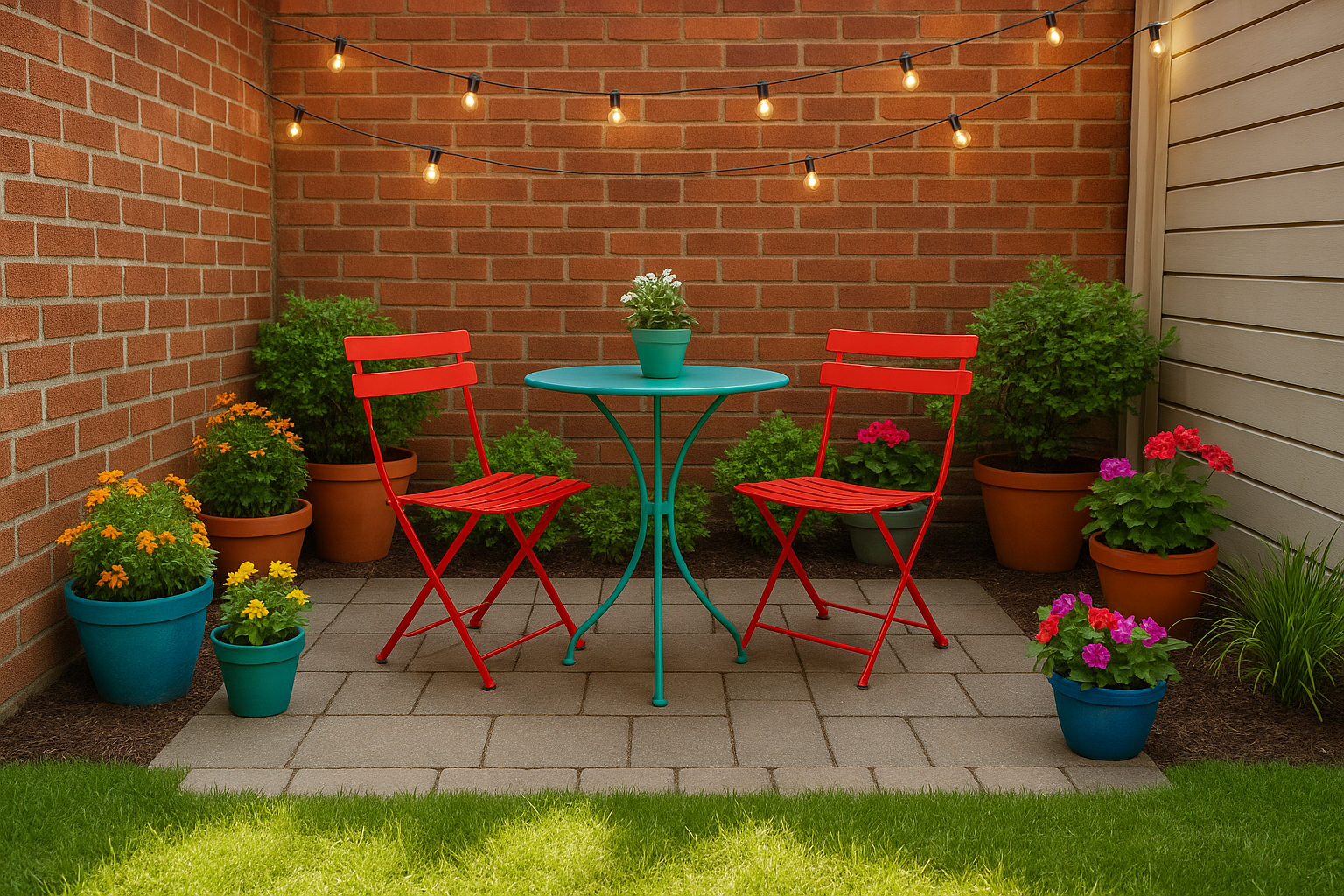 Small backyard patio refreshed with repainted chairs, hanging lights, and colorful potted plants.