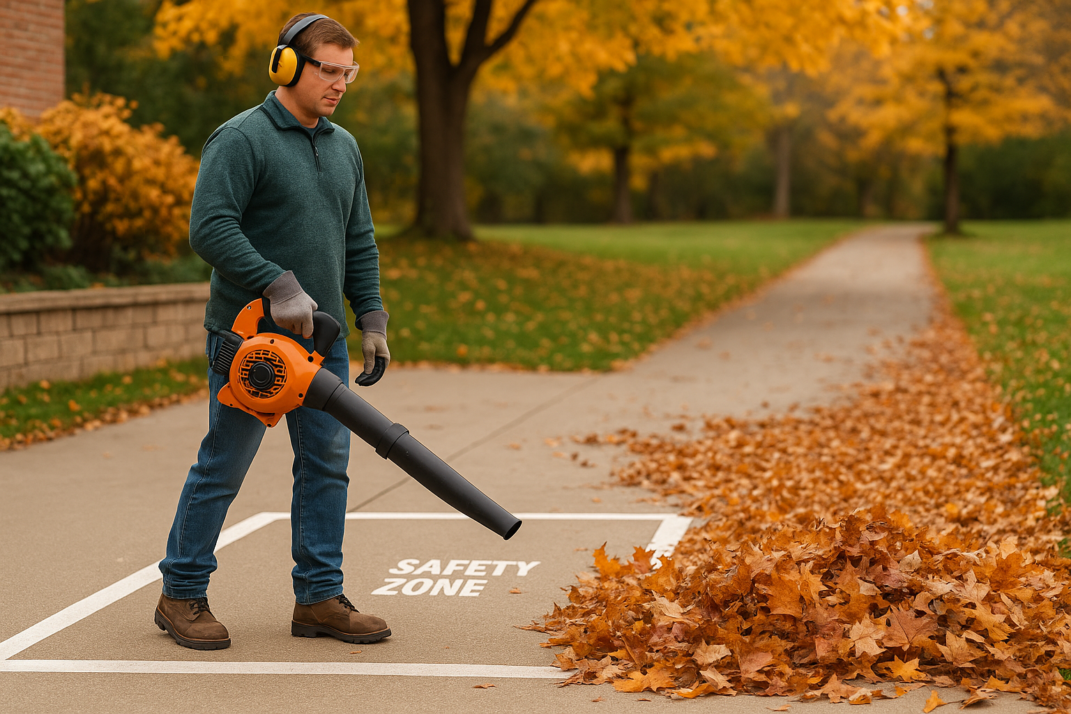 A homeowner wearing goggles, earmuffs, gloves, and boots while blowing leaves along a driveway, with a clear safety zone marked behind them