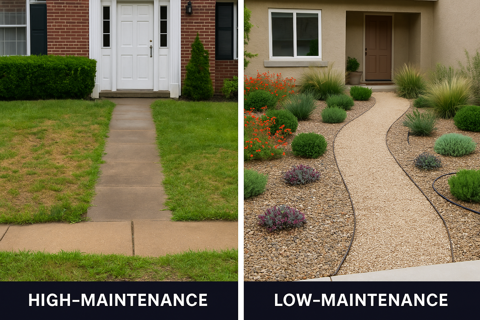 Side-by-side comparison of a high-maintenance front yard with patchy grass versus a low-maintenance yard featuring gravel paths, drought-tolerant plants, and a drip irrigation system.