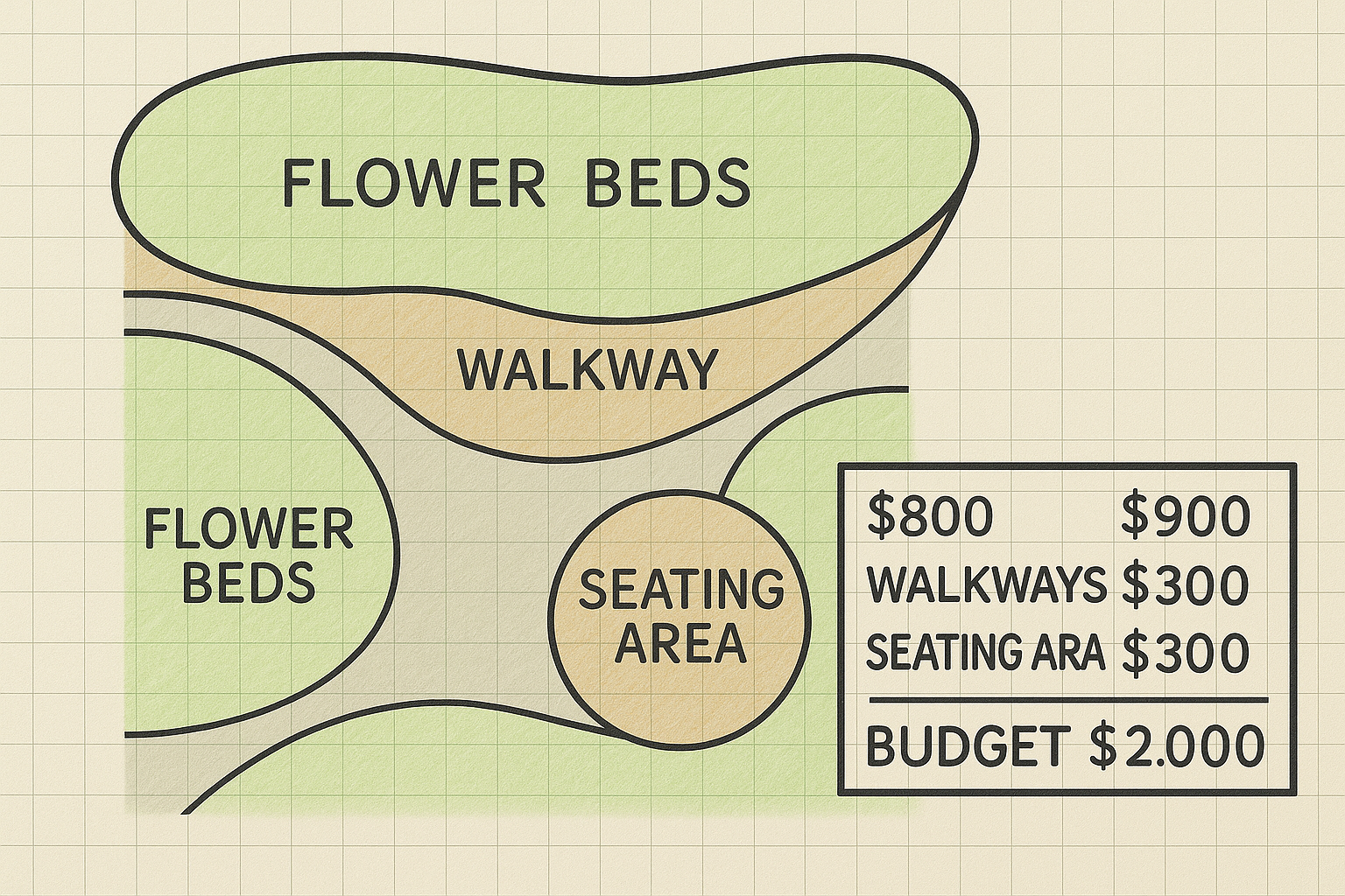Hand-drawn plan showing zones for flower beds, walkways, and a seating area marked with a simple $2,000 budget breakdown.