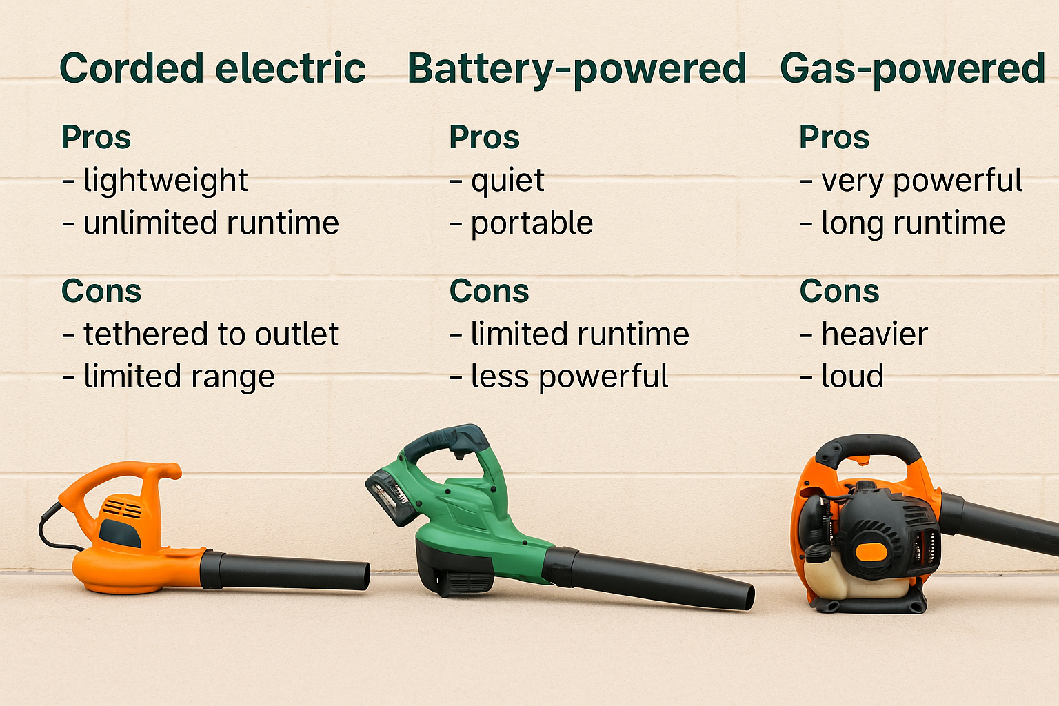 A photo comparison showing three blowers — corded, battery, and gas-powered — with labeled pros and cons beside each.