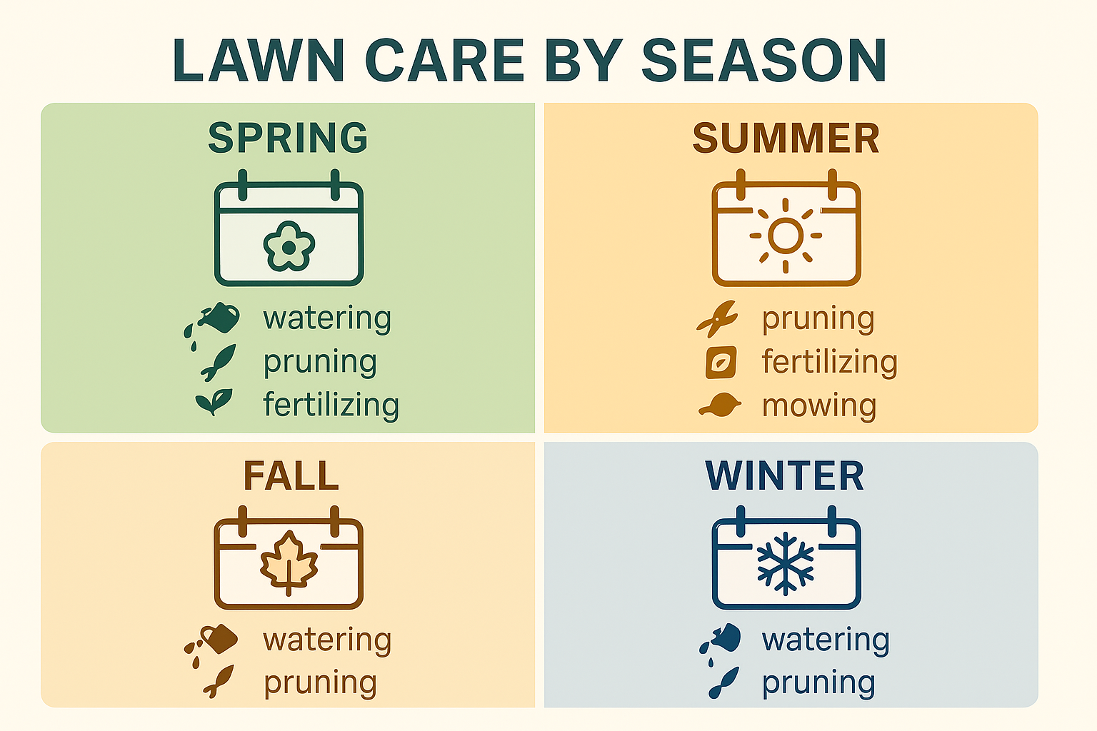 A graphic calendar showing lawn care activities by season with icons for watering, pruning, fertilizing, and mulching.