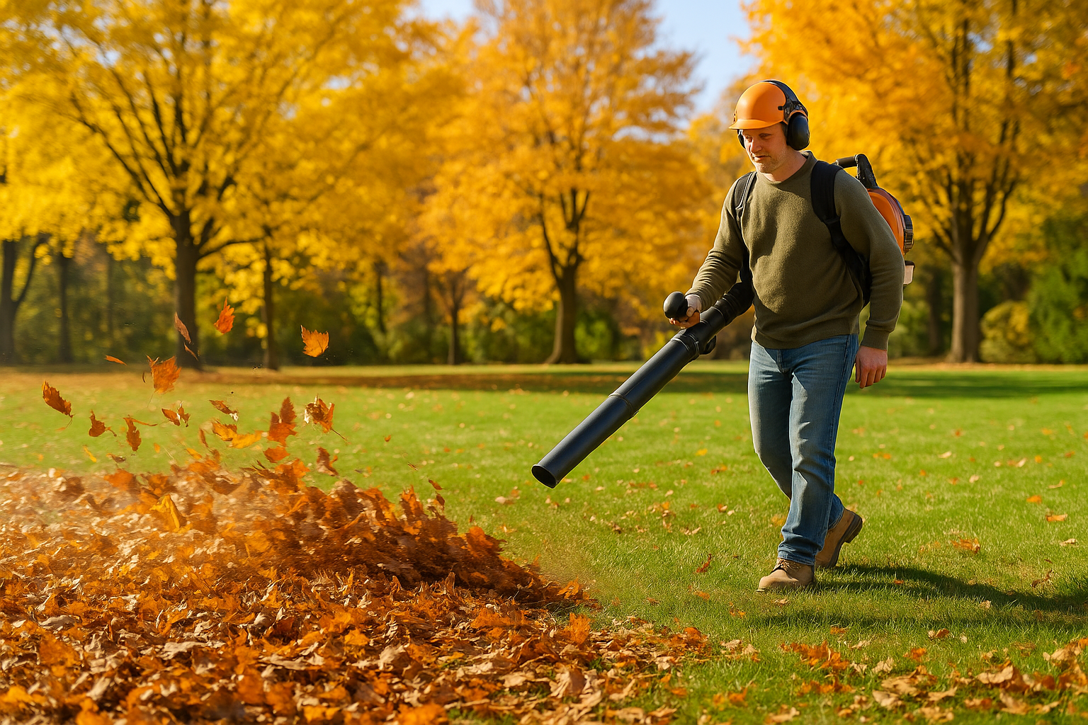 A wide photo of a homeowner blowing dry autumn leaves across a lawn, surrounded by trees with golden foliage.