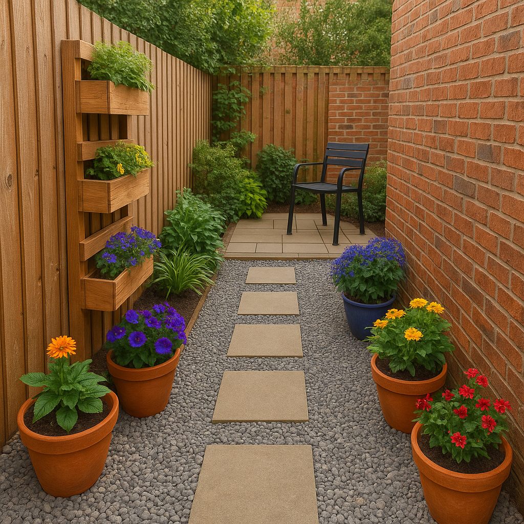 Small urban backyard with vertical planters, gravel paths, and colorful potted flowers.