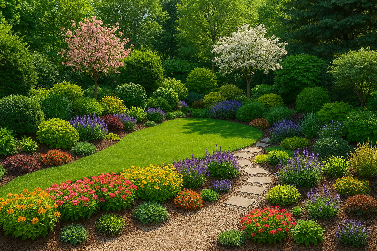 Lush backyard with layered shrubs, small flowering trees, and colorful ground cover surrounding a gravel path.
