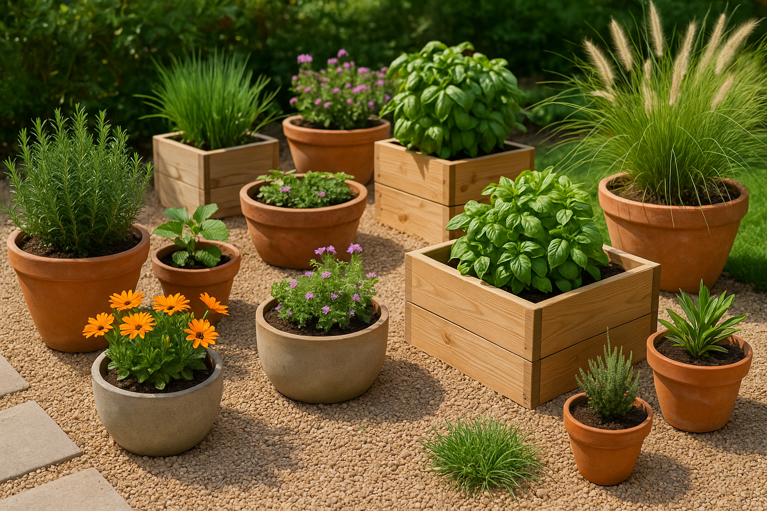 Cluster of pots and raised beds in mixed materials—terracotta, wood, and concrete—filled with herbs, flowers, and ornamental grasses.