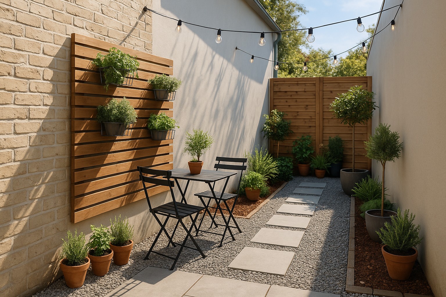 Compact backyard with vertical garden wall, foldable table, string lights, and small potted trees along a gravel path.