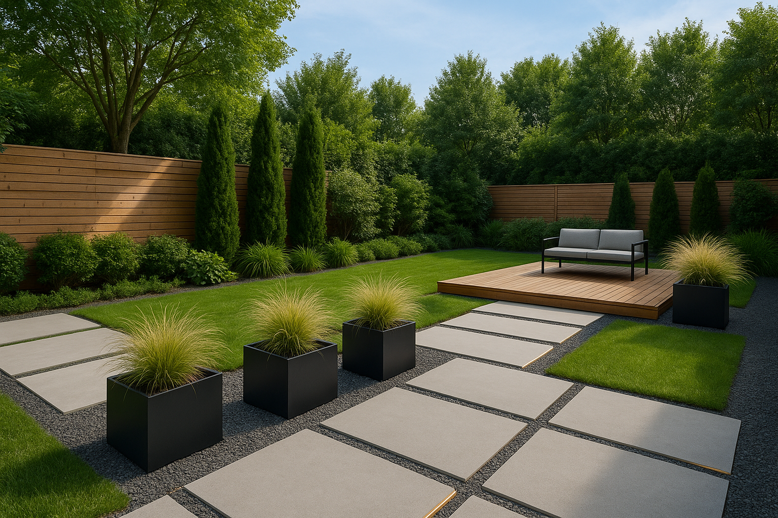 Sleek backyard featuring concrete pavers, a wooden deck, black planters with ornamental grasses, and subtle LED lighting around the path.