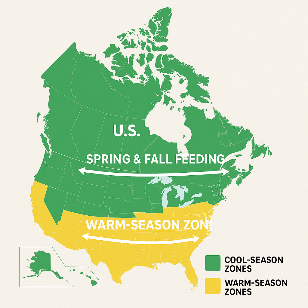 A simple color-coded U.S. and Canada map showing cool-season zones in green and warm-season zones in yellow, with arrows marking the spring and fall feeding windows.