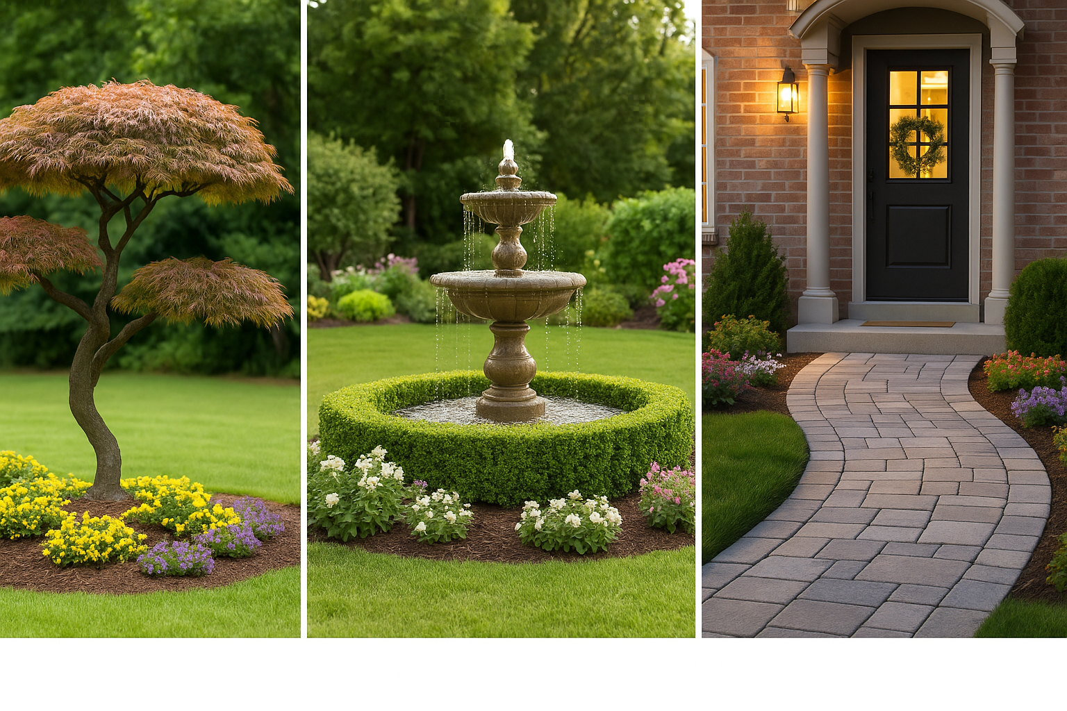 Three examples of strong focal points — a sculpted Japanese maple, a garden fountain framed by low hedges, and a curved stone walkway leading to a well-lit front entry.