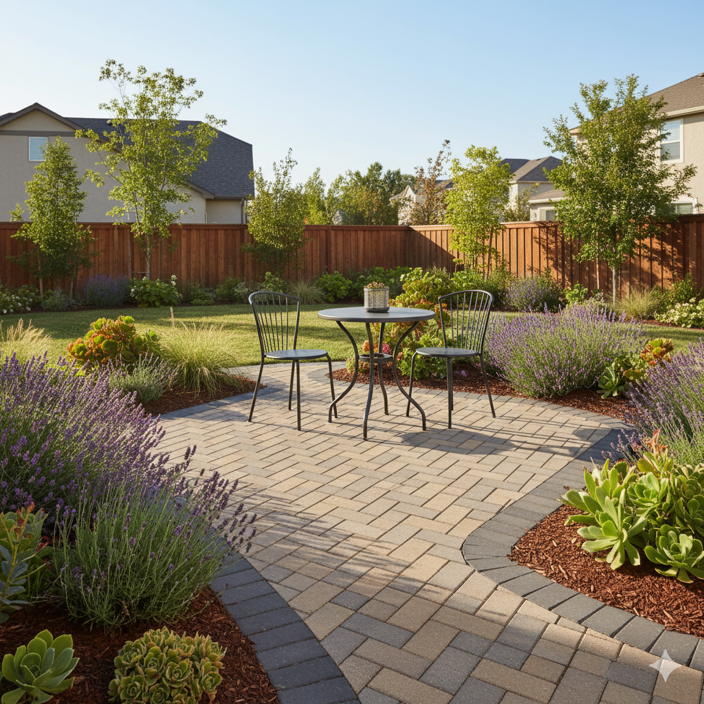 A backyard patio made of tan and charcoal pavers arranged in a herringbone pattern, surrounded by small plants and a metal bistro set