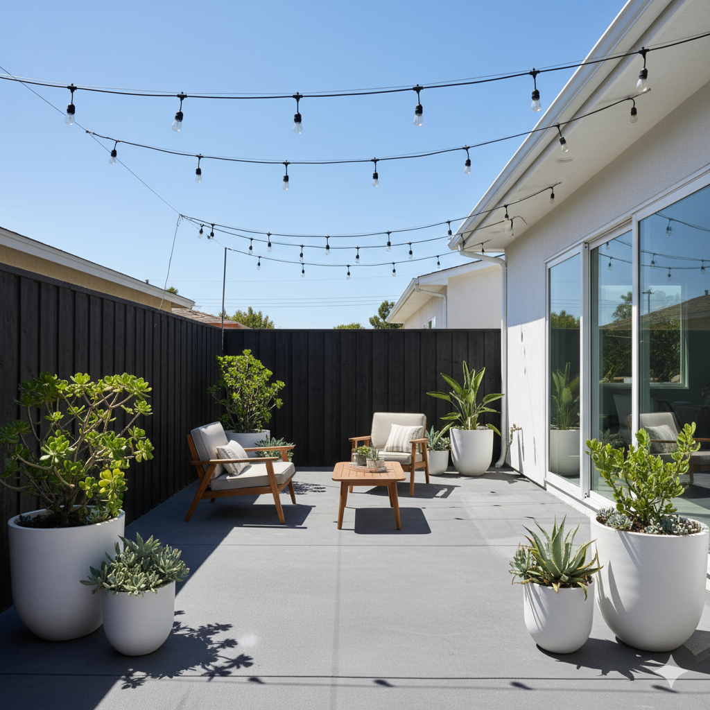 A smooth concrete patio with a charcoal-gray finish, decorated with white planters, a wooden lounge chair, and string lights overhead.