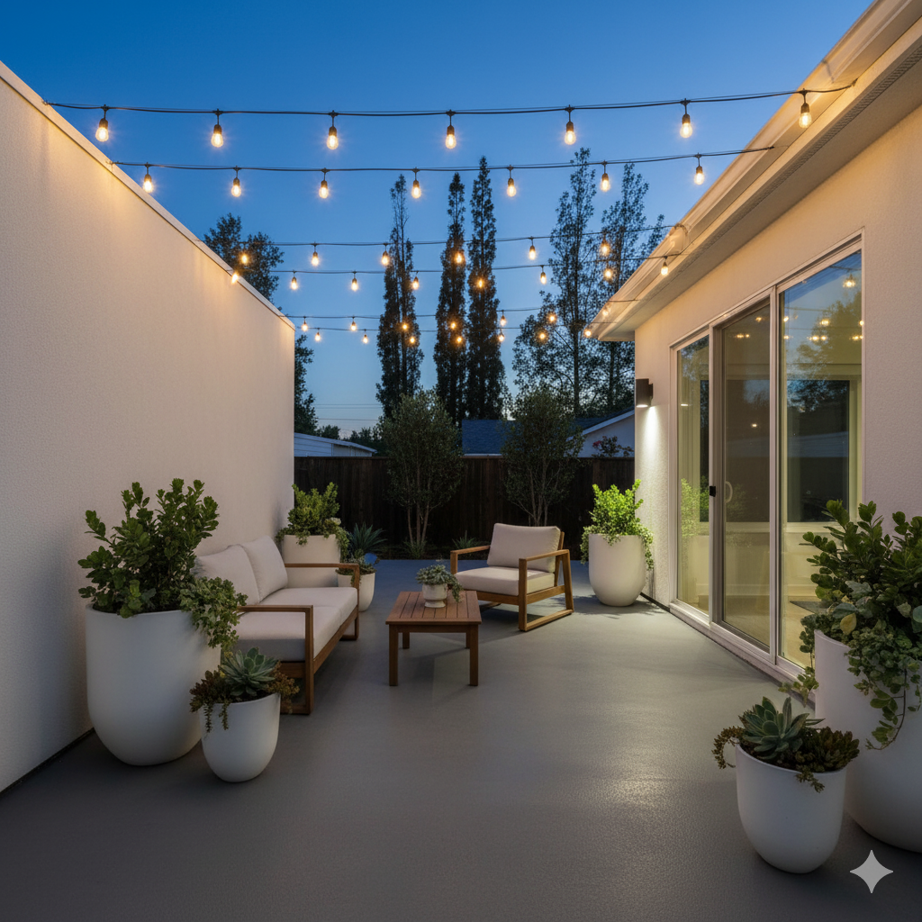 A smooth concrete patio with a charcoal-gray finish, decorated with white planters, a wooden lounge chair, and string lights overhead.