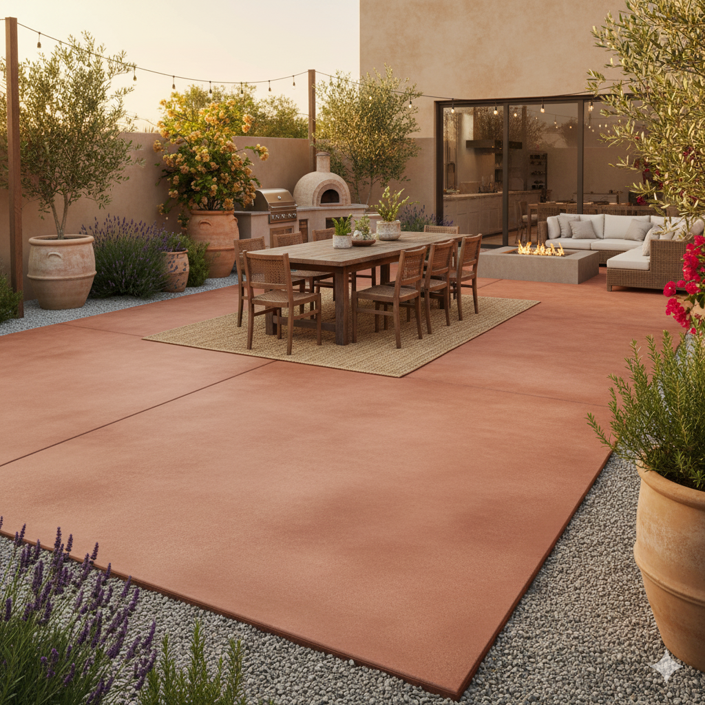 A terracotta-colored stained cement patio with a wooden dining table, surrounded by potted plants and gravel edging.