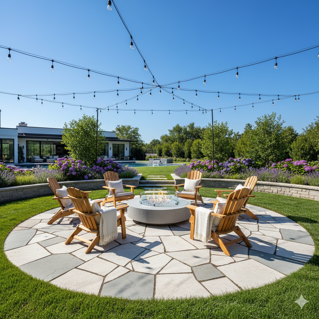 A circular stone patio surrounded by lush grass, featuring a small fire pit in the center and rustic wooden chairs arranged around it.