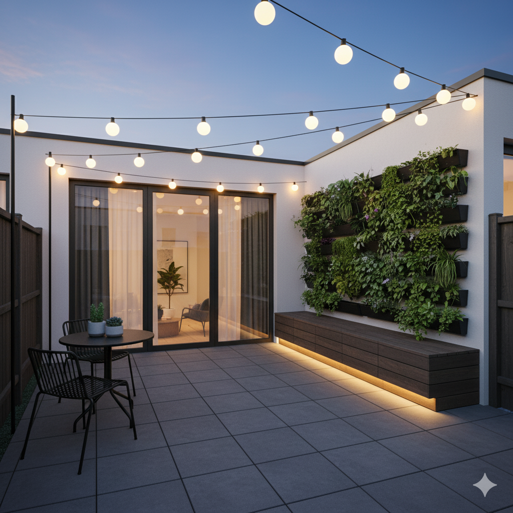 A modern townhouse patio with gray pavers, tall vertical planters, soft white string lights, and a built-in bench with storage underneath.