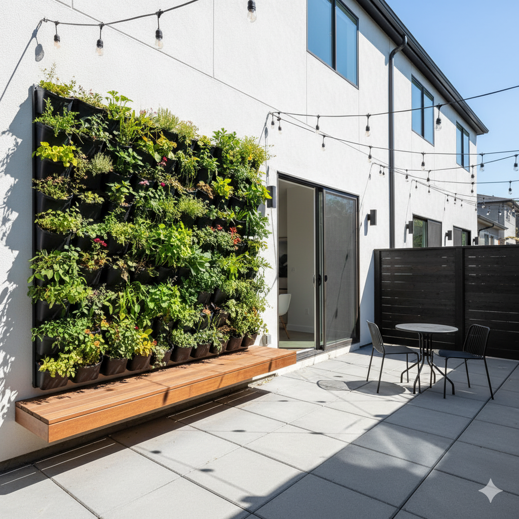 A modern townhouse patio with gray pavers, tall vertical planters, soft white string lights, and a built-in bench with storage underneath.