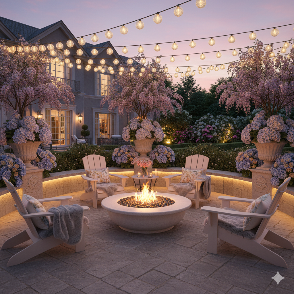 A stone patio with a circular fire pit in the center, surrounded by Adirondack chairs, soft lighting, and planters glowing in the evening light.
