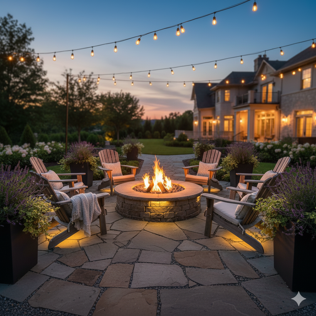 A stone patio with a circular fire pit in the center, surrounded by Adirondack chairs, soft lighting, and planters glowing in the evening light.