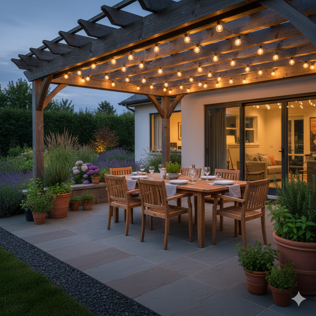 A backyard dining patio under a wooden pergola, featuring a six-person teak table, string lights, and potted herbs along the edge.