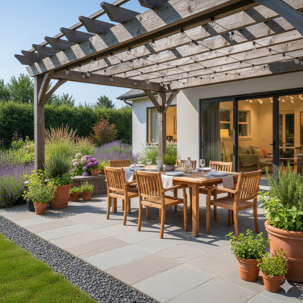 A backyard dining patio under a wooden pergola, featuring a six-person teak table, string lights, and potted herbs along the edge.