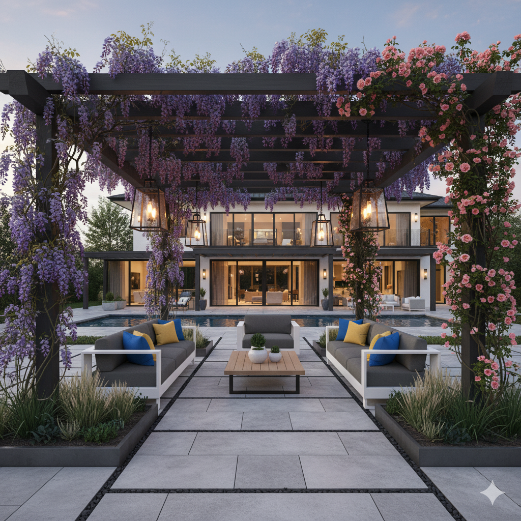 A wooden pergola patio surrounded by flowering vines, with rattan sofas, lantern lighting, and a light breeze filtering through the slats.