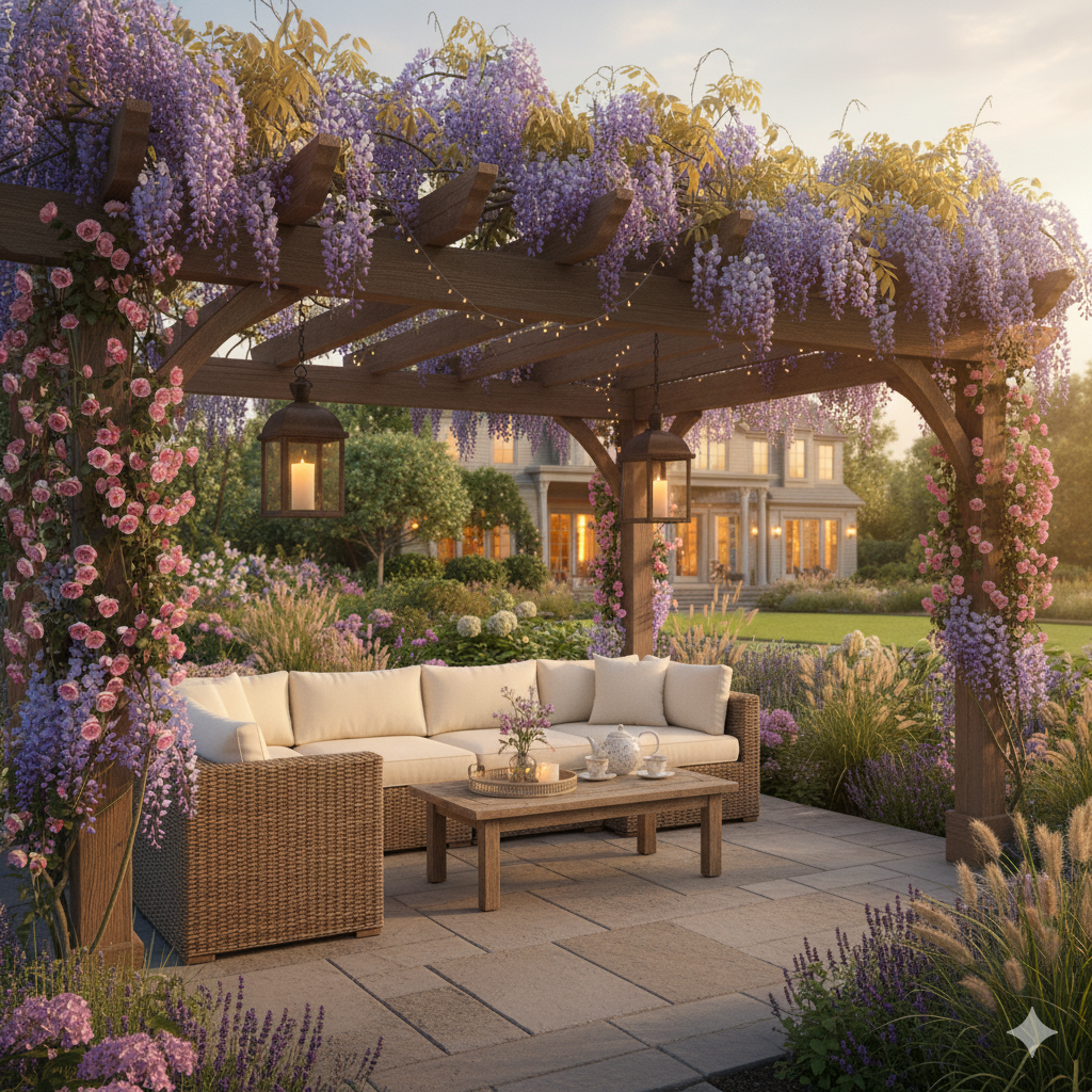 A wooden pergola patio surrounded by flowering vines, with rattan sofas, lantern lighting, and a light breeze filtering through the slats.
