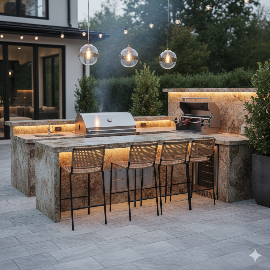 A backyard patio kitchen with a built-in stainless grill, stone counters, and bar seating under warm pendant lights for evening cooking and dining.