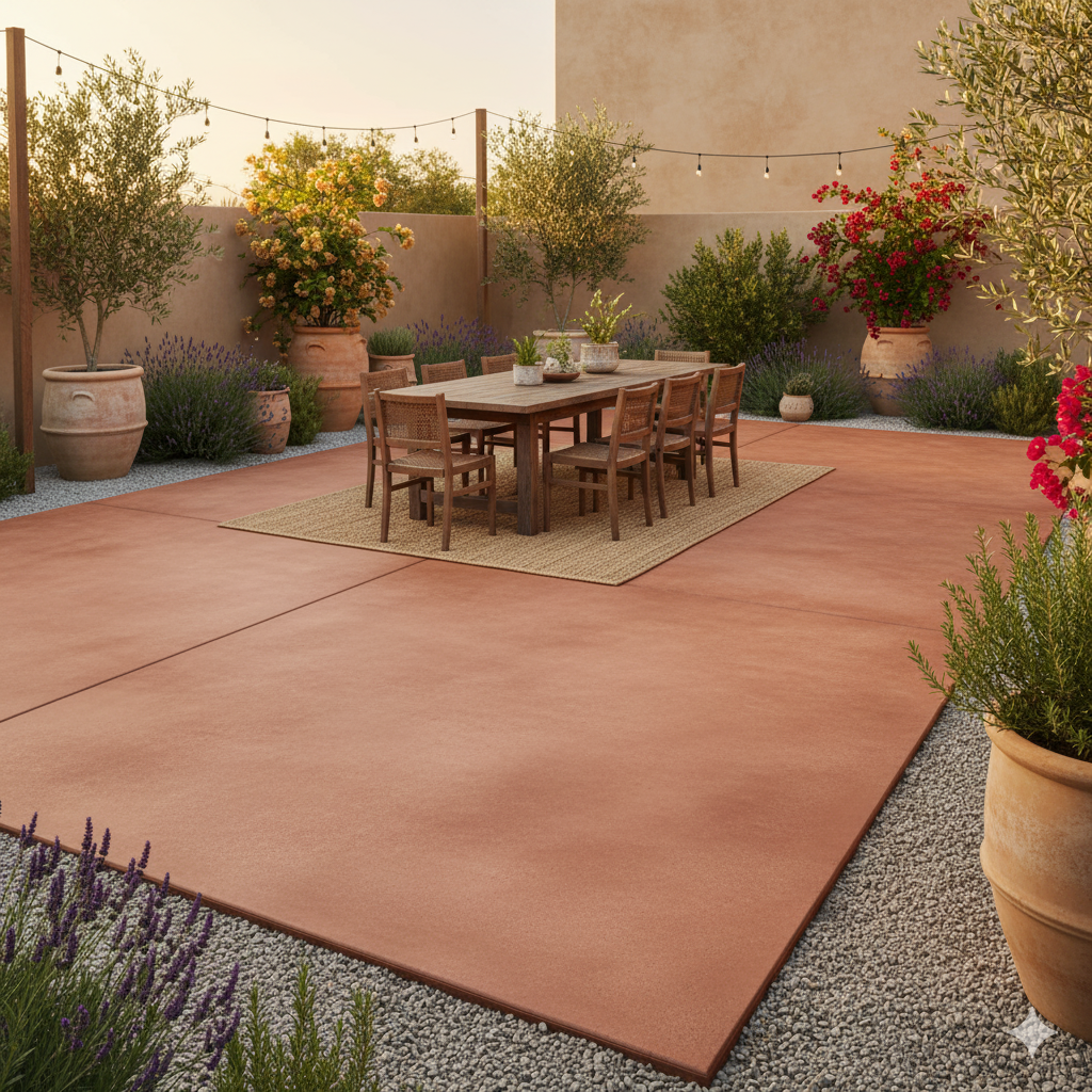 A terracotta-colored stained cement patio with a wooden dining table, surrounded by potted plants and gravel edging.