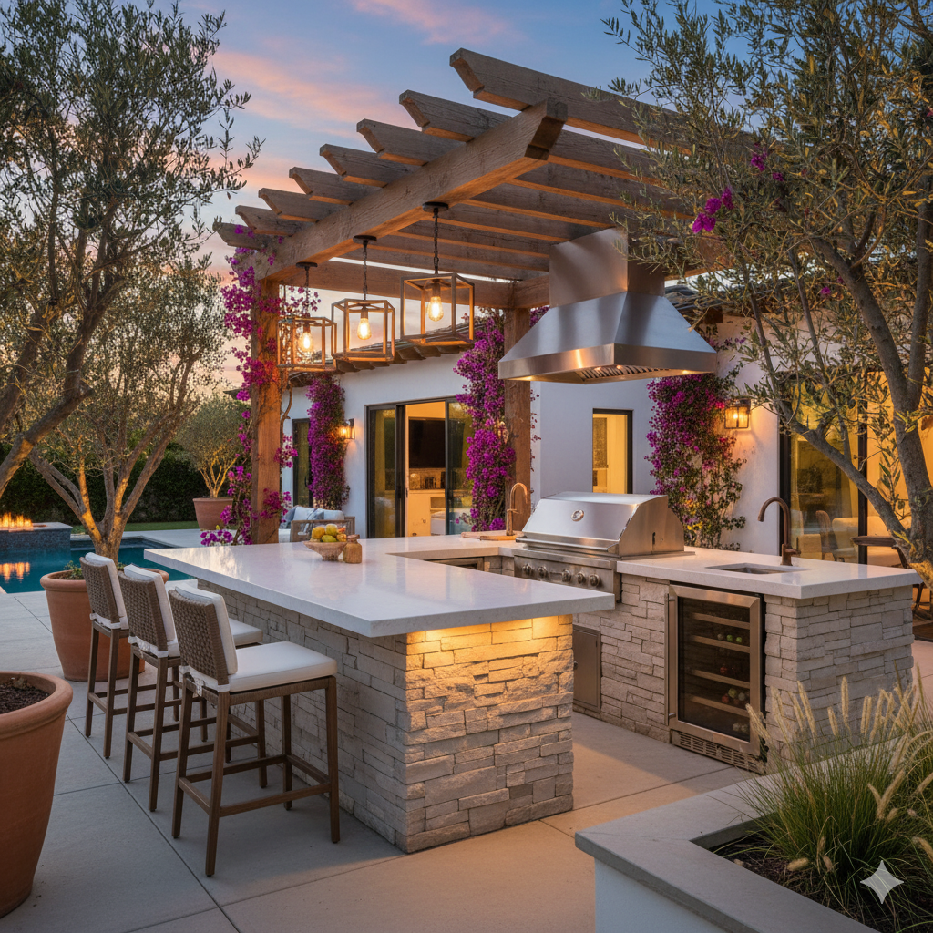A backyard patio kitchen with a built-in stainless grill, stone counters, and bar seating under warm pendant lights for evening cooking and dining.