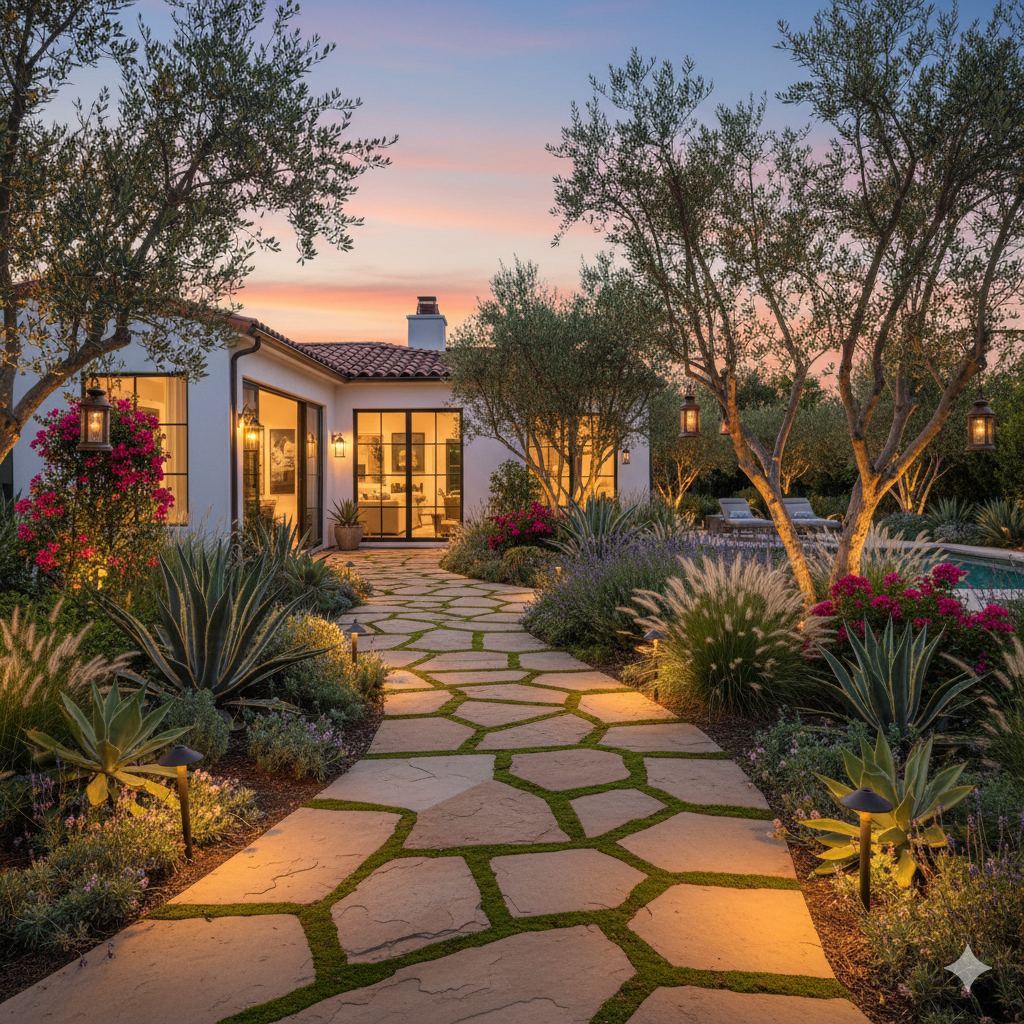 A flagstone patio curving through a lush garden, framed by moss between stones and surrounded by flowering shrubs and soft garden lighting.