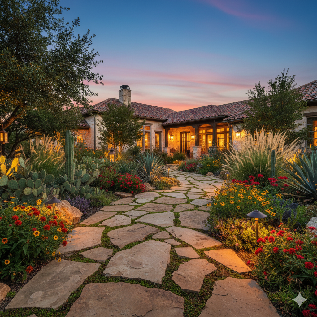A flagstone patio curving through a lush garden, framed by moss between stones and surrounded by flowering shrubs and soft garden lighting.