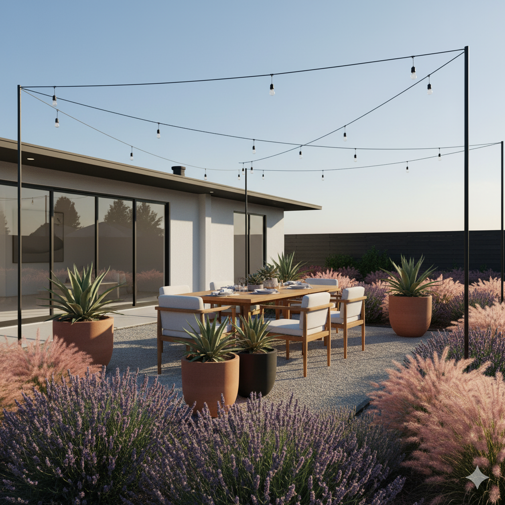 A modern gravel patio with a teak dining table, potted succulents, and a border of low ornamental grasses and lavender under soft afternoon light.