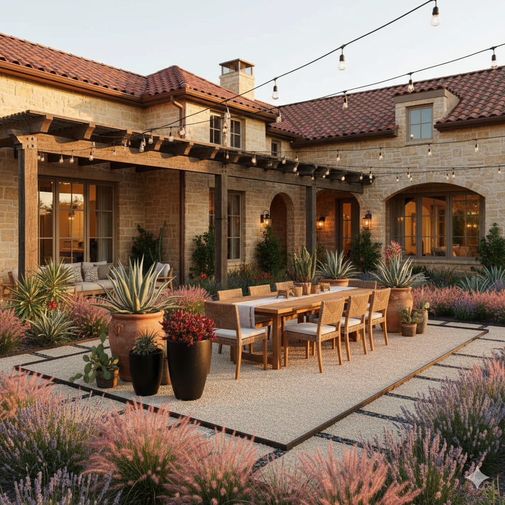 A modern gravel patio with a teak dining table, potted succulents, and a border of low ornamental grasses and lavender under soft afternoon light.