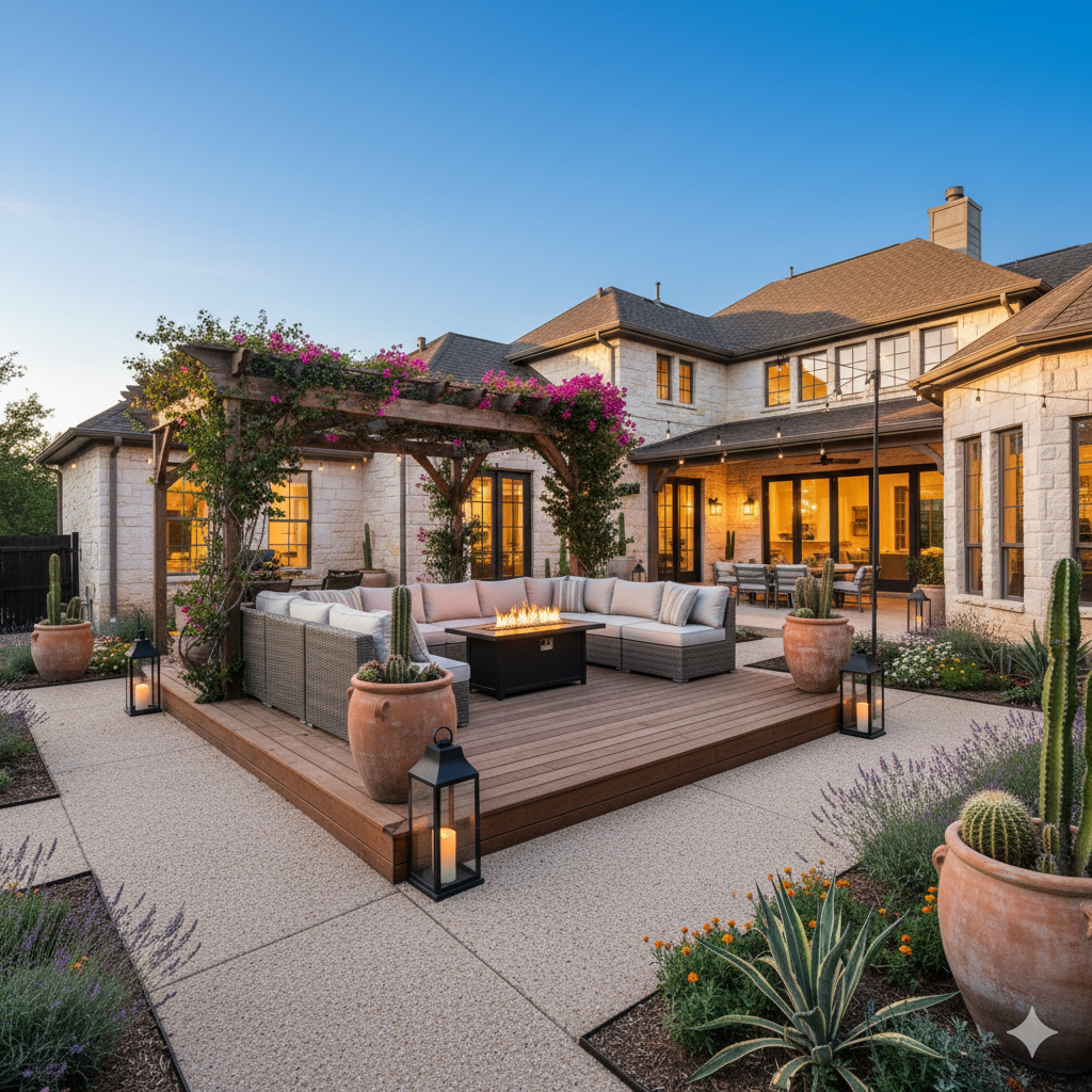 A split patio design featuring a cedar deck for lounging, bordered by a light gravel path and surrounded by leafy potted plants and garden lanterns.