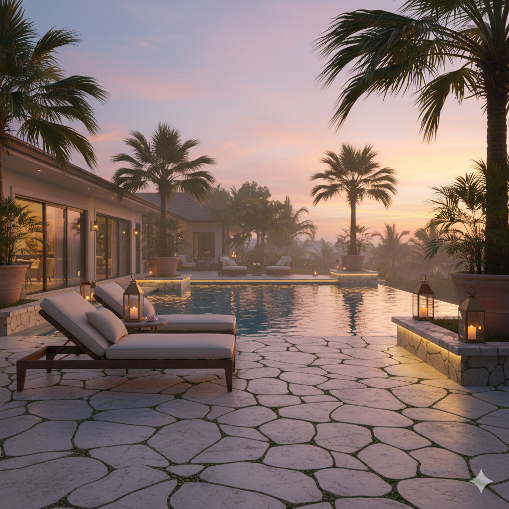 A tropical-style poolside patio with pale stone pavers, reclining loungers, palm trees, and soft lighting reflecting off the water at sunset.