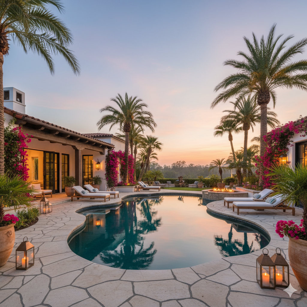 A tropical-style poolside patio with pale stone pavers, reclining loungers, palm trees, and soft lighting reflecting off the water at sunset.