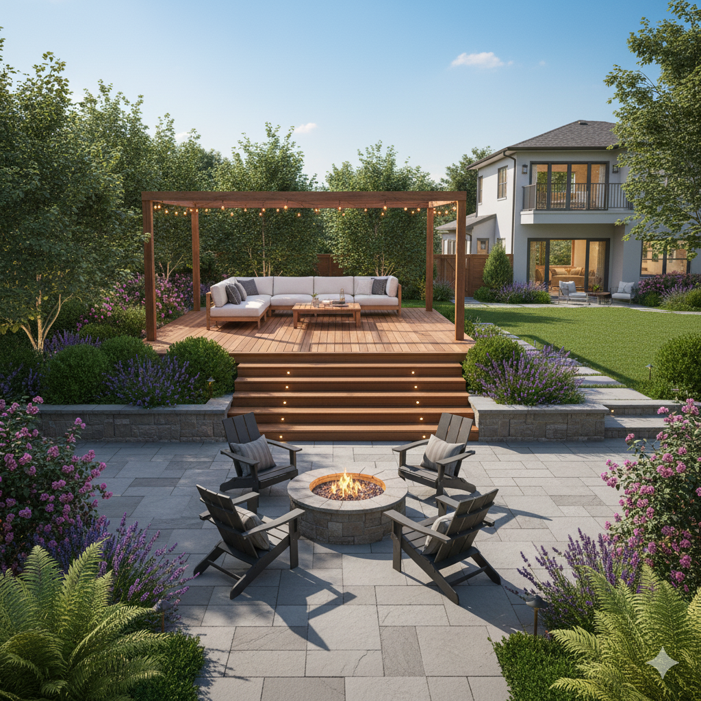 A split-level backyard featuring a wooden deck with furniture above a stone patio, framed by lush greenery and small accent lights along the steps.