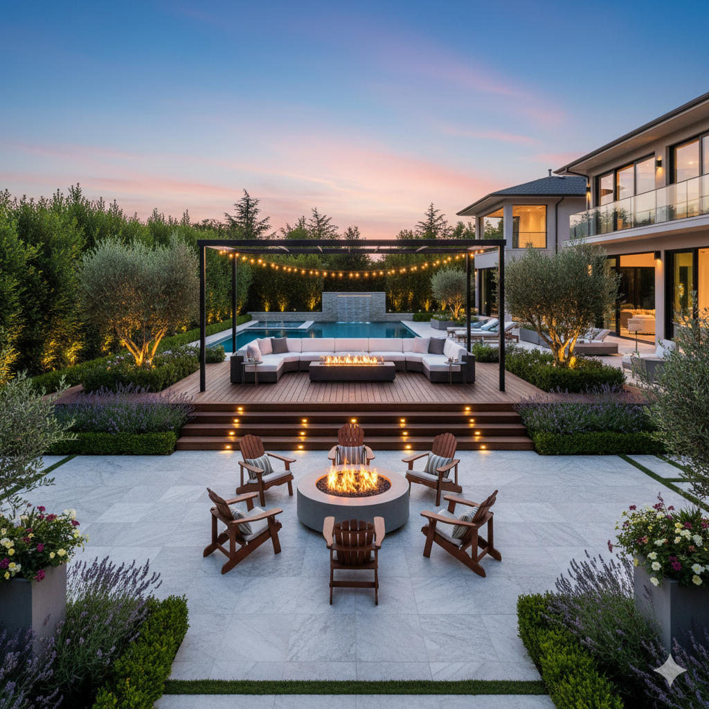 A split-level backyard featuring a wooden deck with furniture above a stone patio, framed by lush greenery and small accent lights along the steps.