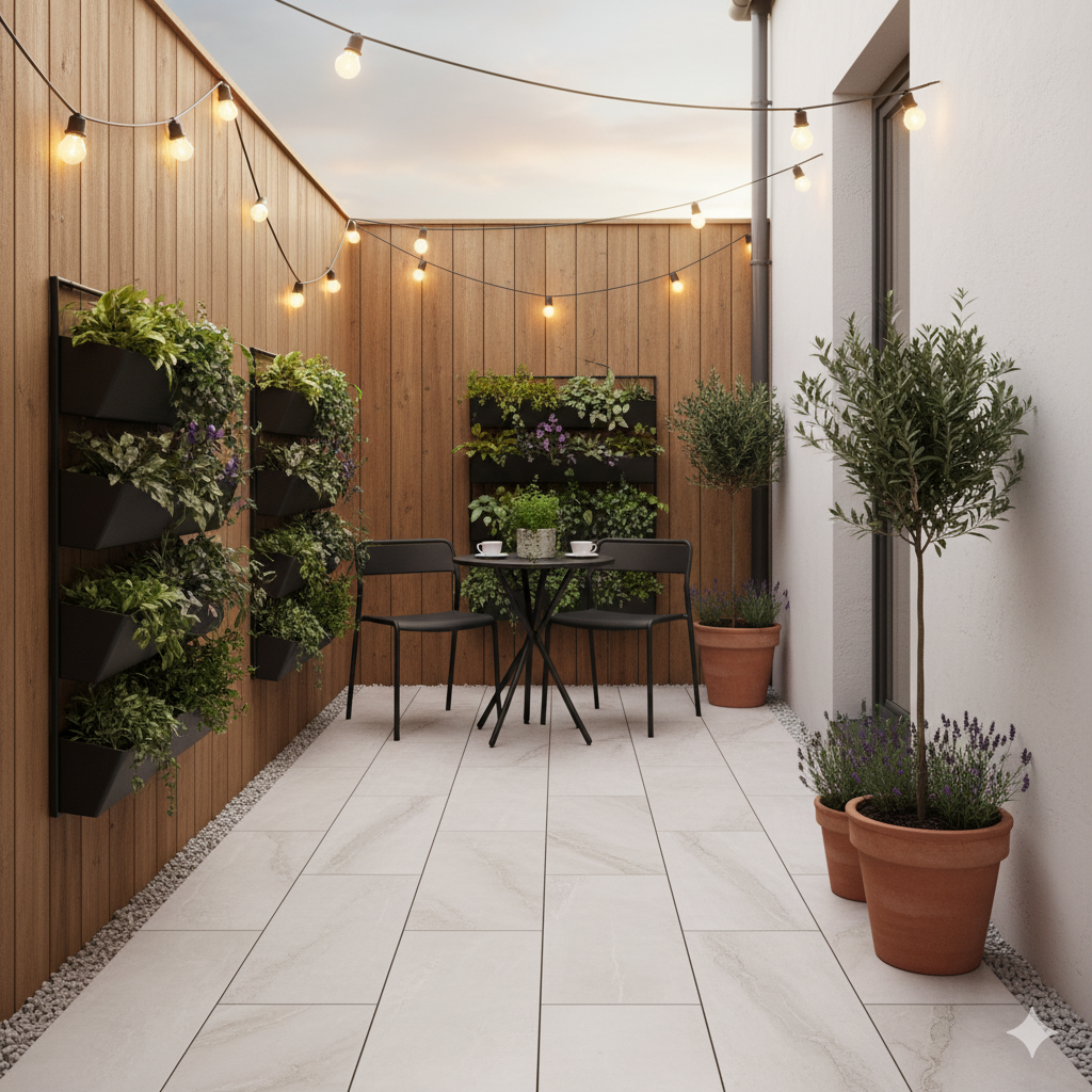A narrow courtyard patio paved with light tiles, featuring vertical planters, a small café table for two, and hanging lights draped across a wooden fence.